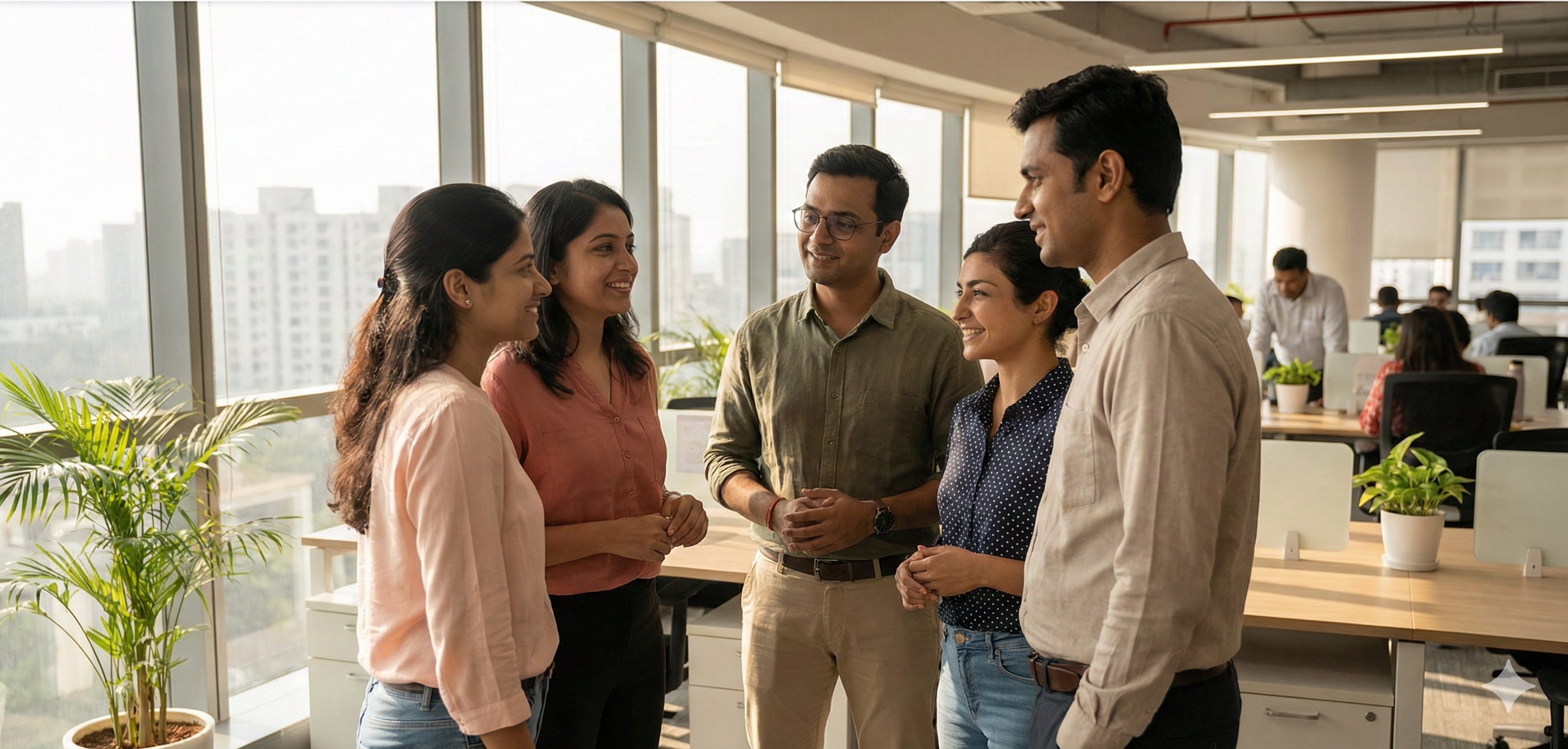 Diverse team of professionals collaborating in a modern office environment